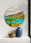 Lake Wanaka looking towards Queenstown from Kelvin Heights, geometric painting on 50cm Beechwood circle