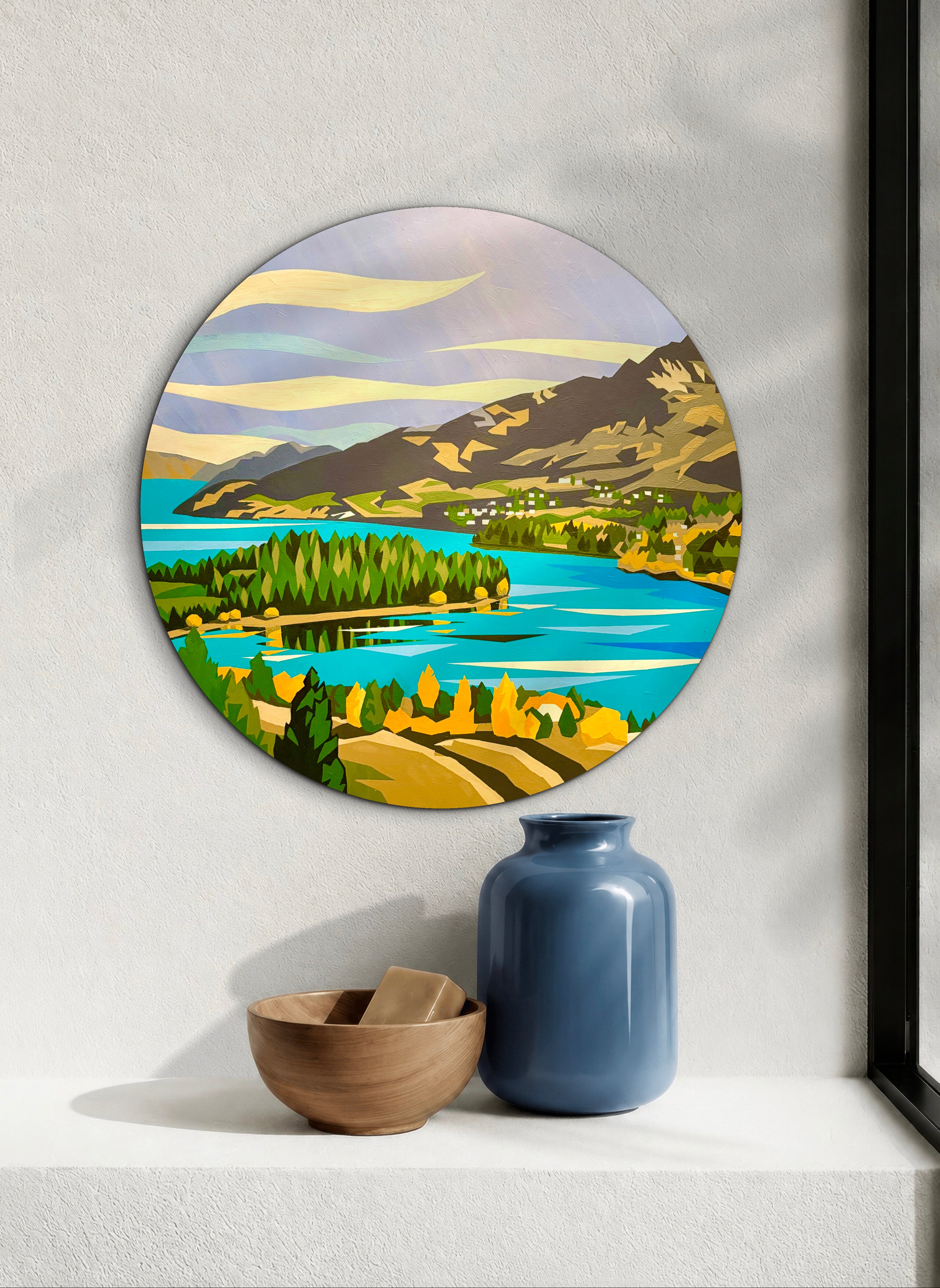 Lake Wanaka looking towards Queenstown from Kelvin Heights, geometric painting on 50cm Beechwood circle