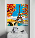 Autumn Paris — original acrylic painting on beechwood, 41x41cm, depicting the Eiffel Tower framed by golden autumn trees