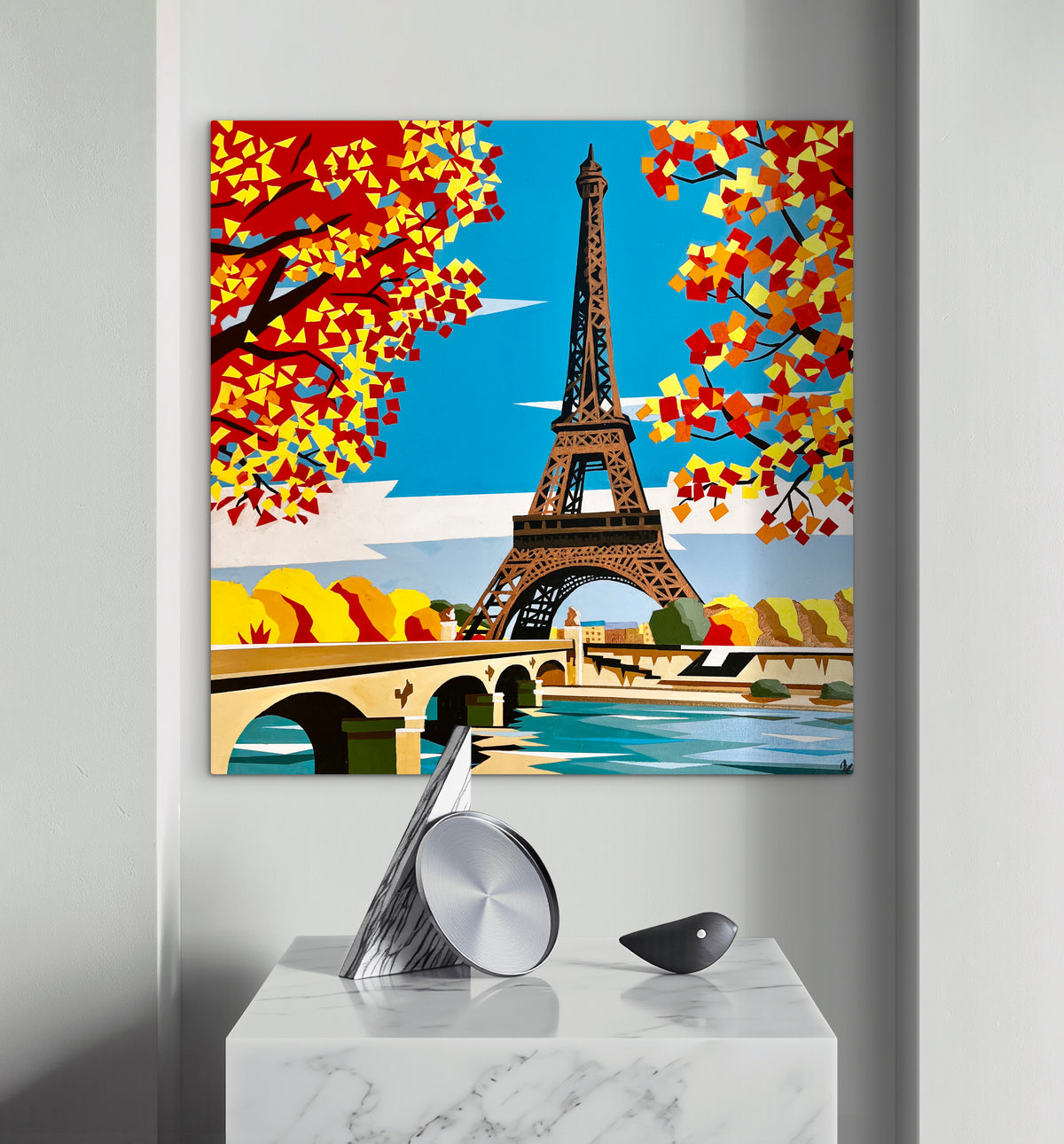 Autumn Paris — original acrylic painting on beechwood, 41x41cm, depicting the Eiffel Tower framed by golden autumn trees