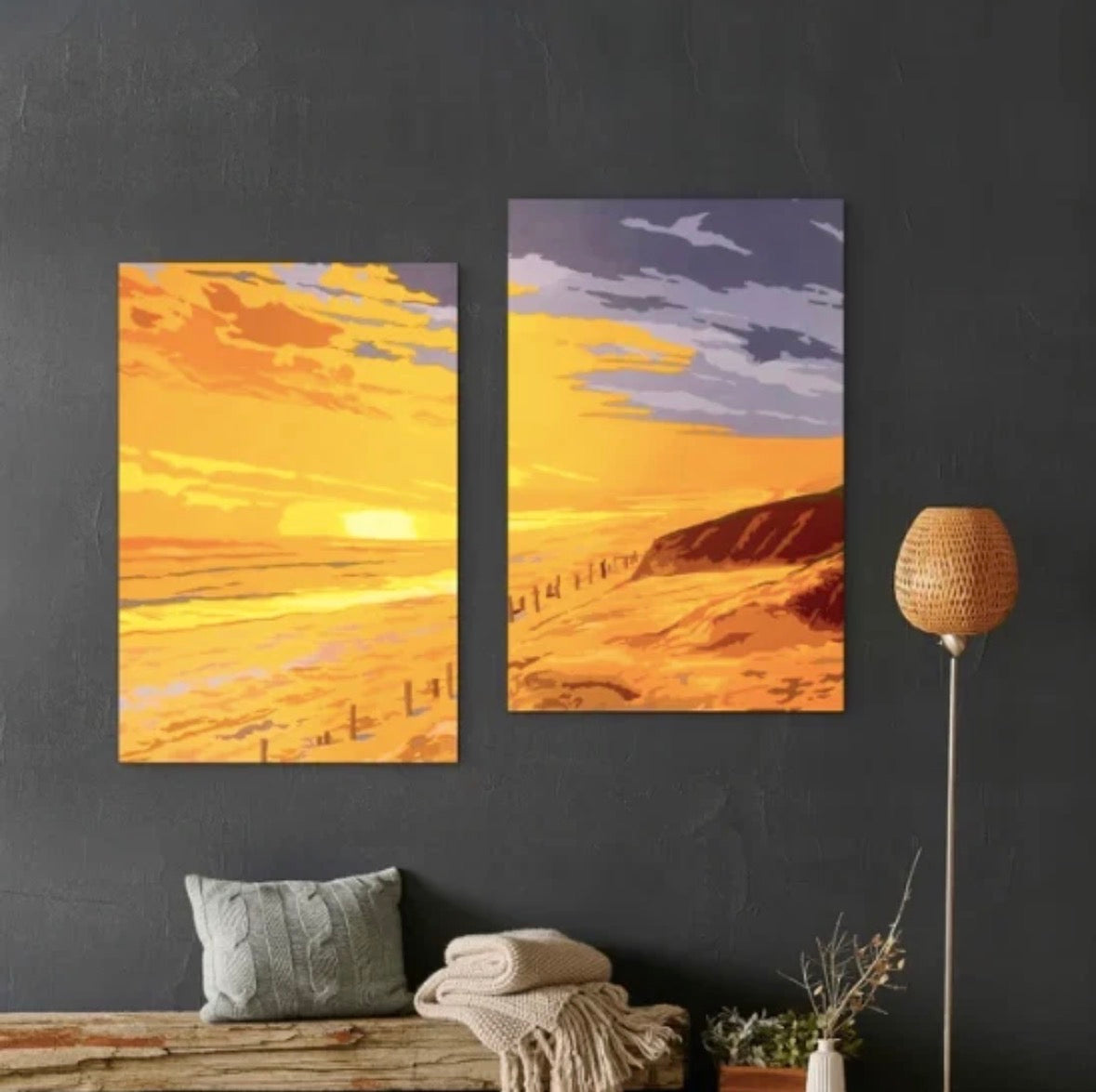 Golden Sundown original diptych 80x50cm – Great Ocean Road beach Victoria Australia, two-panel coastal sunset painting in warm golds and purples