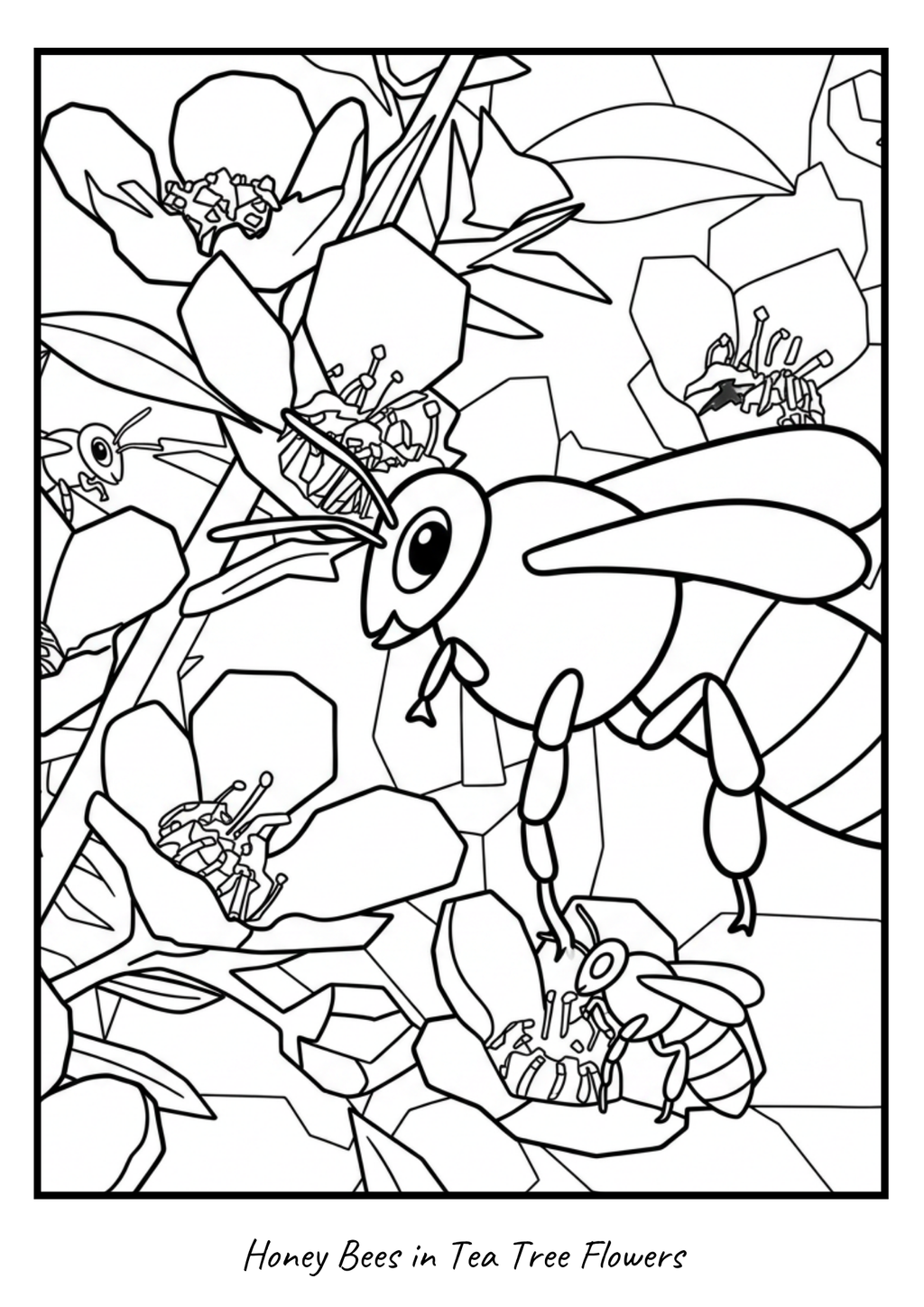 Honey Bees in Tea Tree Flowers colouring page