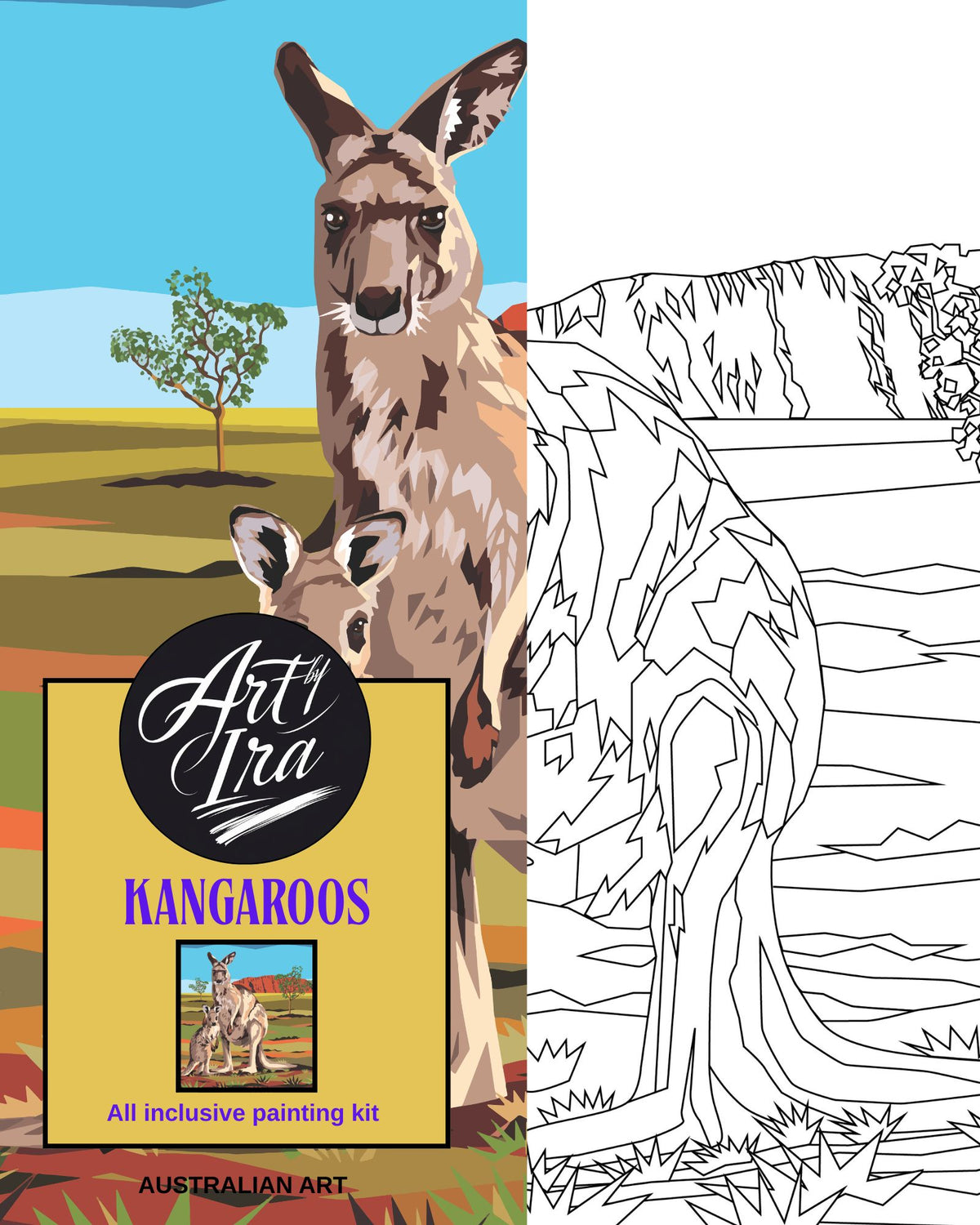 Art by Ira Kangaroos painting kit packaging showing completed artwork and outline canvas