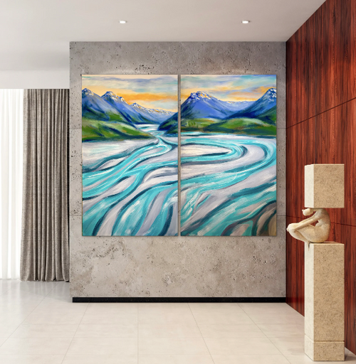Braided Water – original diptych painting of the Dart River, Glenorchy, by Ira Mitchell