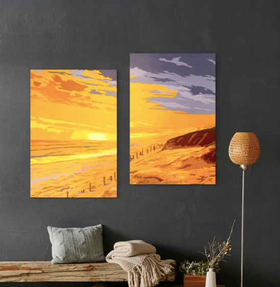 Golden Sand – original acrylic diptych painting of a golden beach sunset by Ira Mitchell
