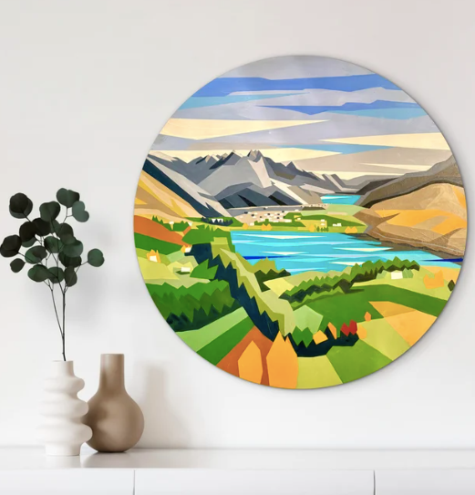 Bendemeer View – original circular acrylic painting on beechwood by Art by Ira, looking over Lake Hayes towards Queenstown