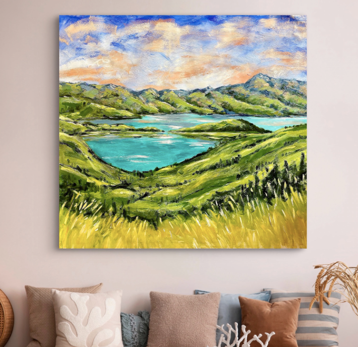 Hilltop Akaroa – large original impressionist acrylic painting on canvas by Art by Ira