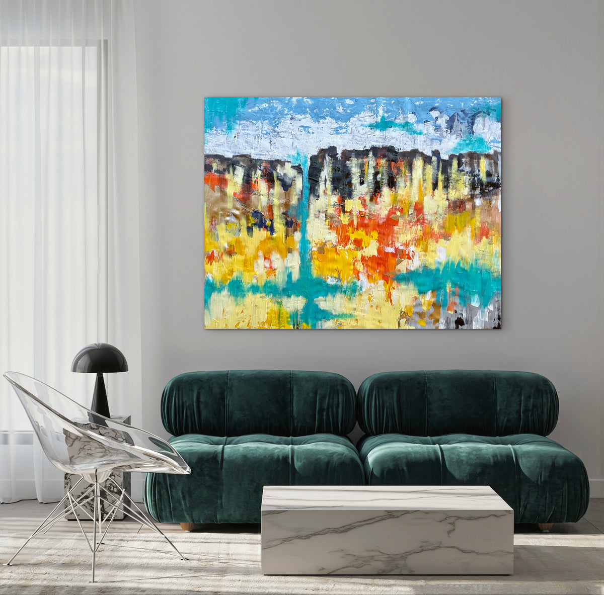 Blue Cascade original painting displayed in a modern living room
