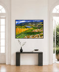 Bannockburn View — original framed painting 120x80cm depicting Bannockburn vineyards and rolling hills of Central Otago, New Zealand