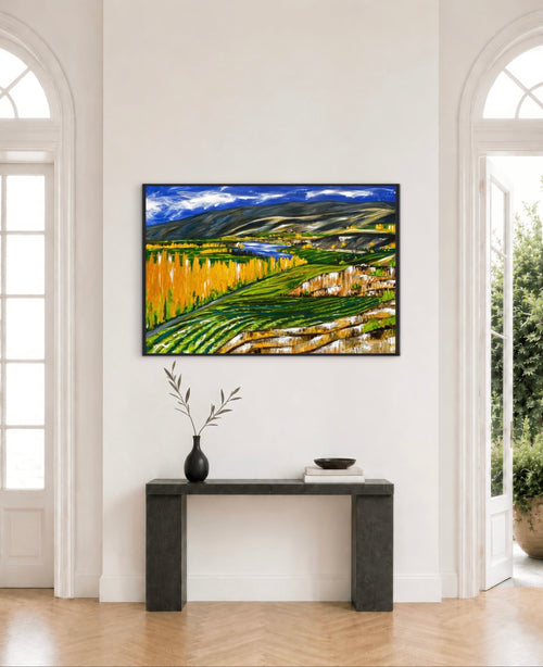 Bannockburn View — original framed painting 120x80cm depicting Bannockburn vineyards and rolling hills of Central Otago, New Zealand