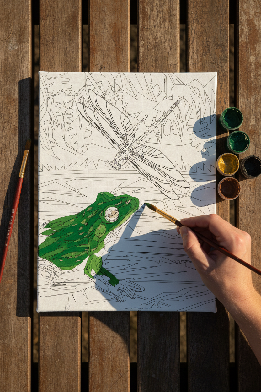 Golden Bell Frog Canvas - Flat Lay with Hand