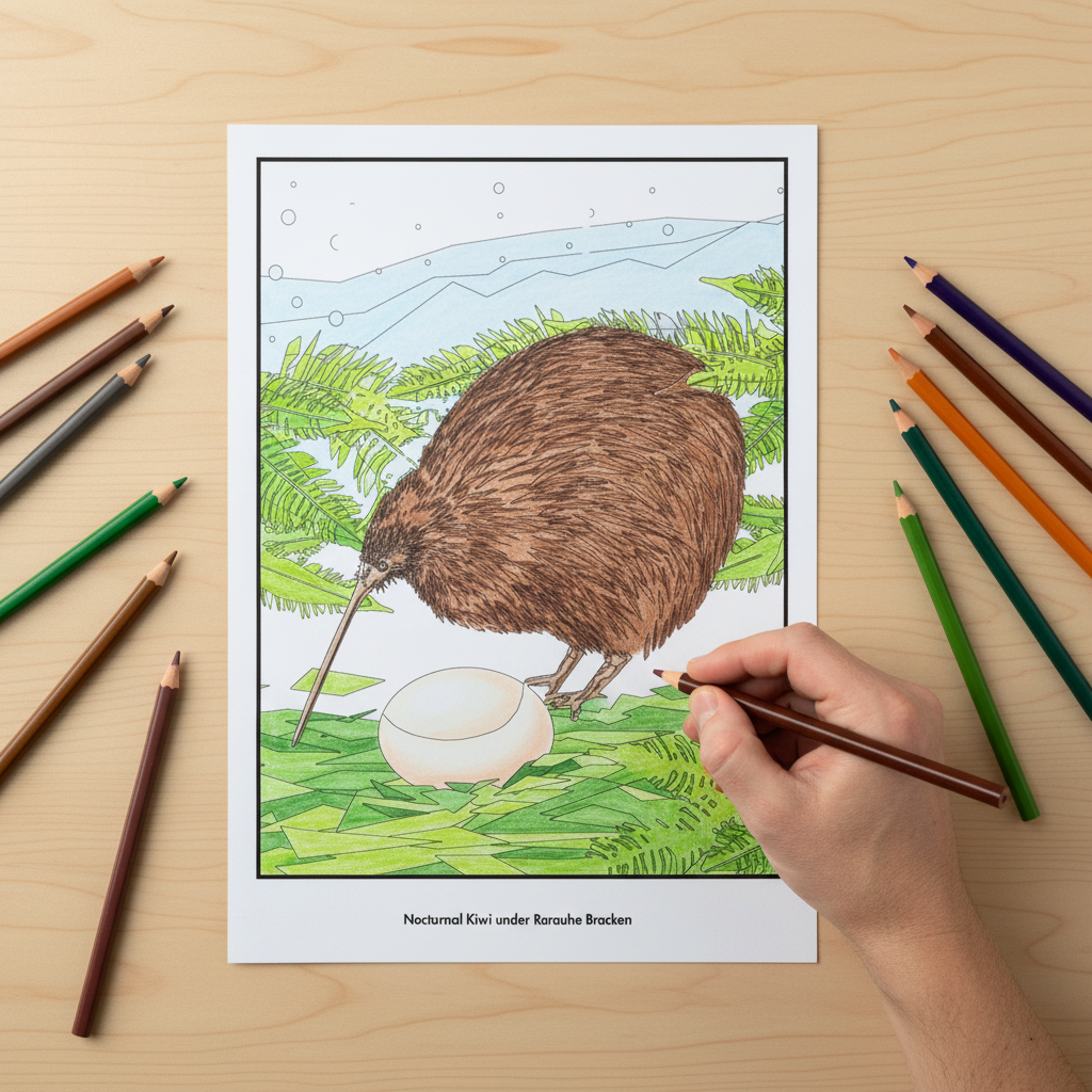 Adult hand colouring the Nocturnal Kiwi page with pencils arranged around on a wooden surface