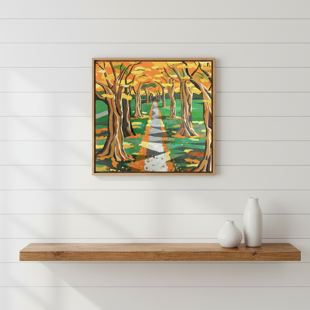 Hagley in Gold – original acrylic and gold leaf painting on beechwood by Art by Ira, hanging on a white shiplap wall