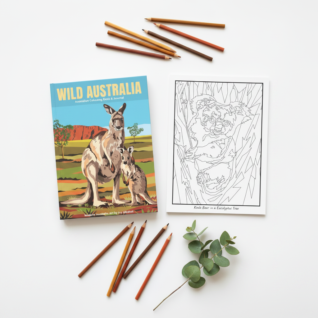 Wild Australia Colouring Book & Journal by Ira Mitchell, shown with coloured pencils and a sample koala illustration page