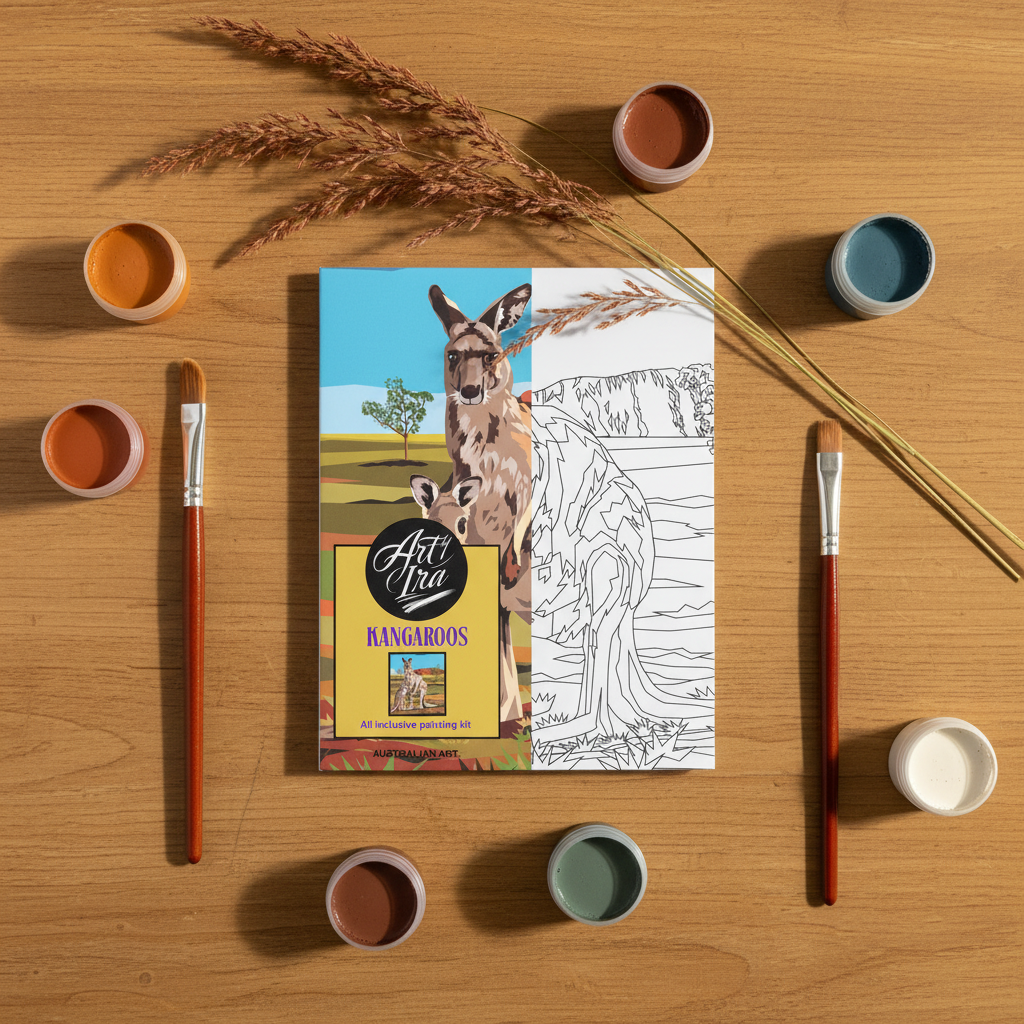 Kangaroos painting kit flat lay with brushes, paint pots and kangaroo grass on wooden tabletop