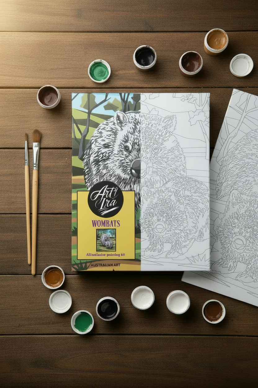 Wombats painting kit flat lay with two brushes and five paint pots