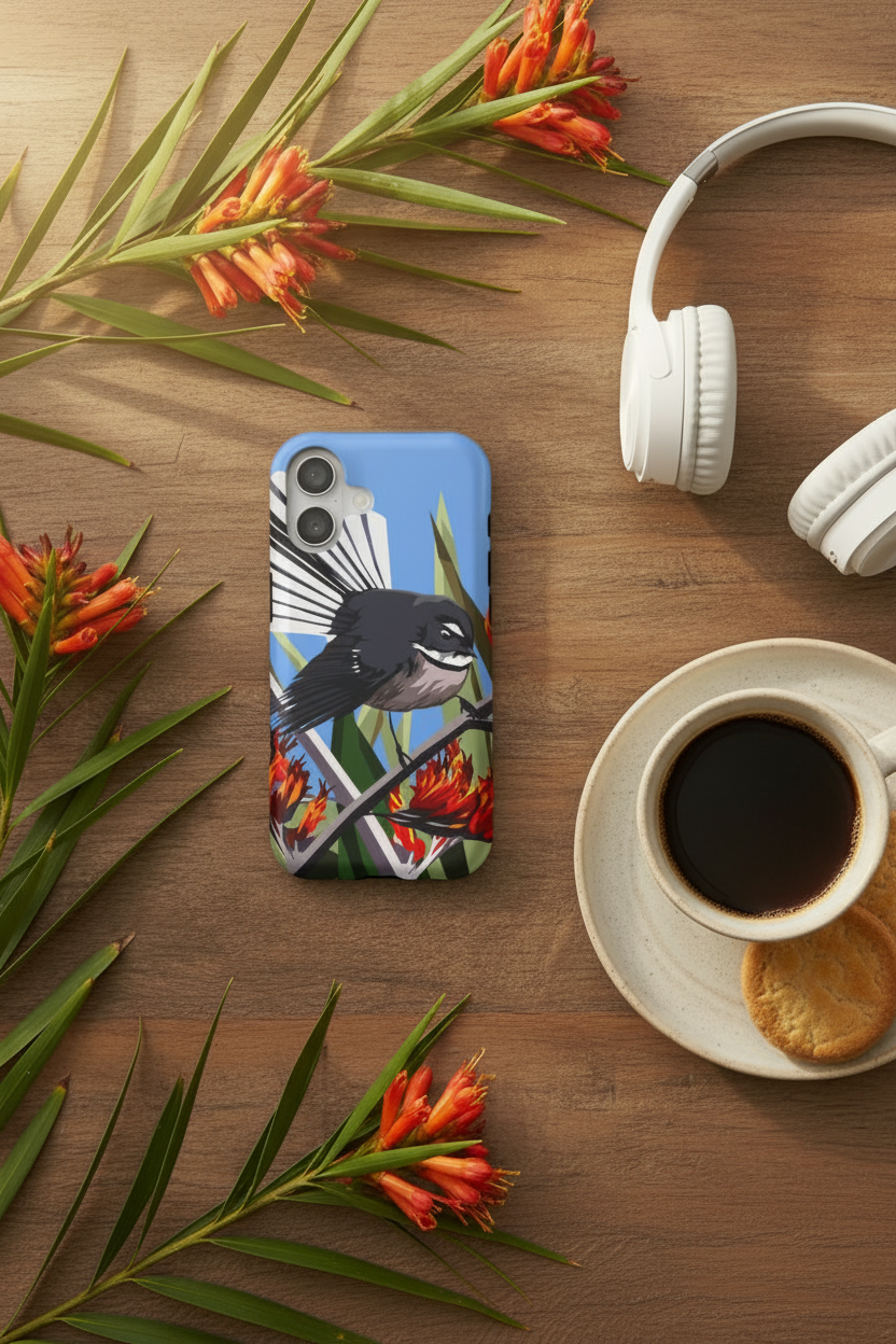 Pīwakawaka in Harakeke iPhone case flat lay